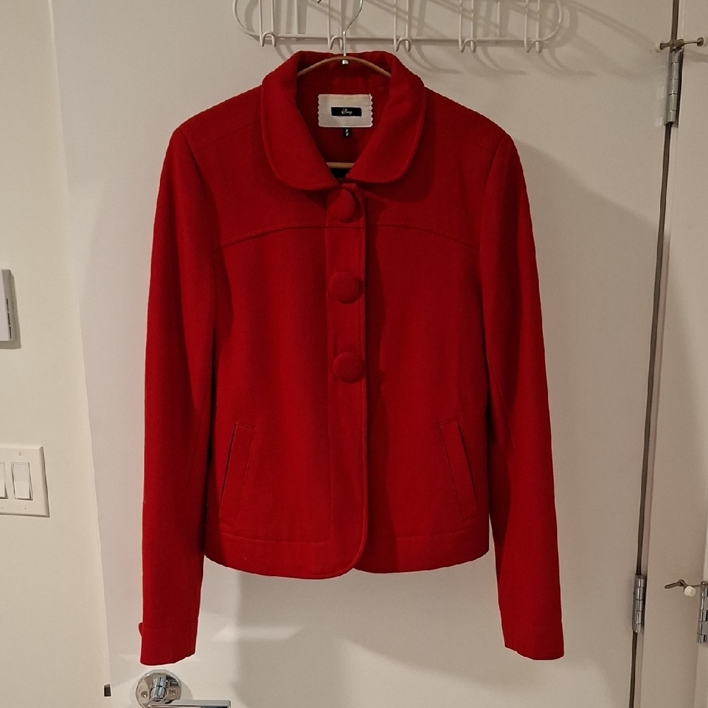 Song Vibrant Red Wool/Viscose Boxy Peacoat with Peter Pan Collar (Size S)